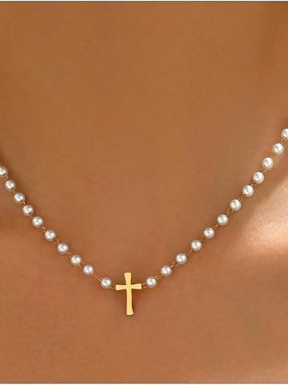 18K Gold Plated Sideways Cross Necklace Pearl Chain Dainty Choker